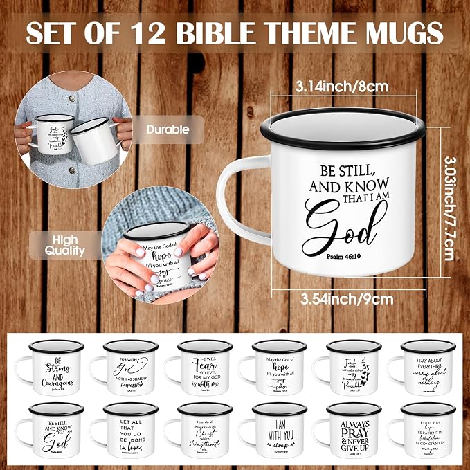 Mifoci Christian Enamel Mugs Gifts Inspirational Coffee Mugs with Handle Bible Verse Religious Camping Cups Church Party Favors for Church Clergy Pastor Men(White,12 Pcs)