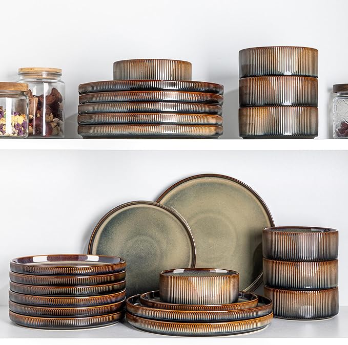 TheTerra Ceramic Dinnerware Sets for 4, 12 Pieces Porcelain Lightweight Speckled Plates and Bowls Sets, Scratch Resistant Dish Set, Oven & Microwave & Dishwasher Safe, Coca Mocha