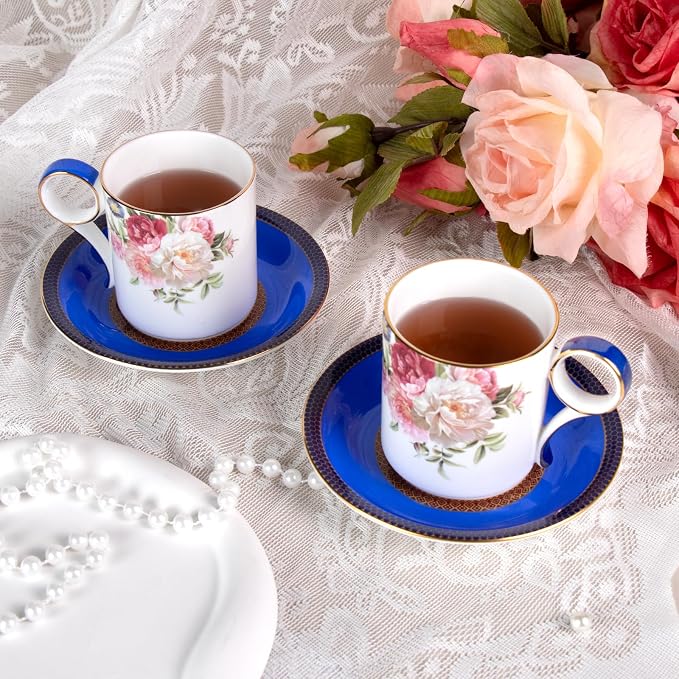KAMMAK Tea Cups and Saucers Set of 2, Porcelain Coffee Cups, Stackable Espresso Mugs, Ceramic Demitasse for Coffee, Cappuccino, Latte, Americano, Tea, Blue
