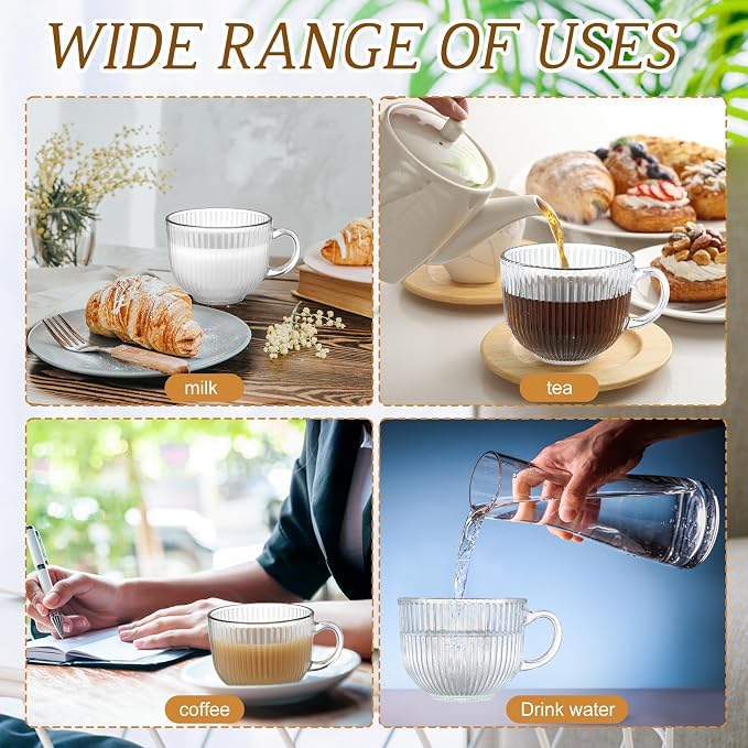 12 Pack Glass Coffee Mugs with Handles, 12 Ounces Glass Breakfast Mugs Bulk, Clear Tea Cups for Hot/cold Drinks, Glassware Set for Americano, Latte, Cappuccino(Ribbed)