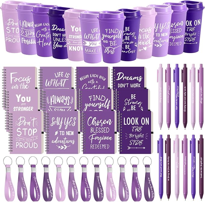 Skylety 12 Sets/48 Pcs Employee Appreciation Gifts 16oz Inspirational Plastic Cups Spiral Notebooks Ballpoint Pens Keychains Bulk Thank You Cup for Employee Coworker (Gradient Purple)