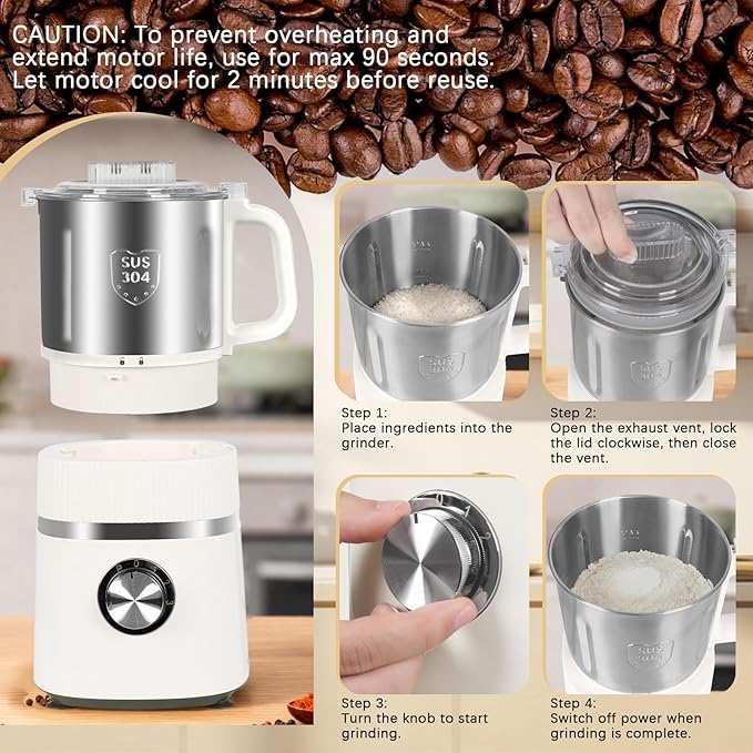 Electric Grinder for Kitchen | 800W Versatile Spice Grinder with 4 Speed Adjustment | Detachable Bowl, Suitable for Grinding Spices, Grains, Coffee