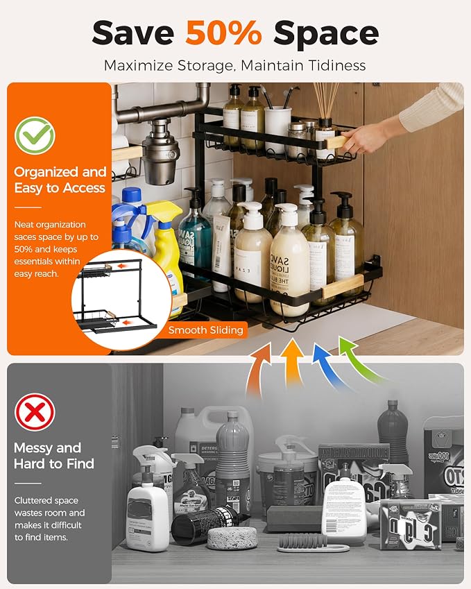 Sevenblue 2 Packs Under Sink Organizer, Height Adjustable 2 Tier Under Kitchen Sink Organizer, Multi-Purpose Storage Shelf for Kitchen Bathroom Cabinet (Black, Extra Large)