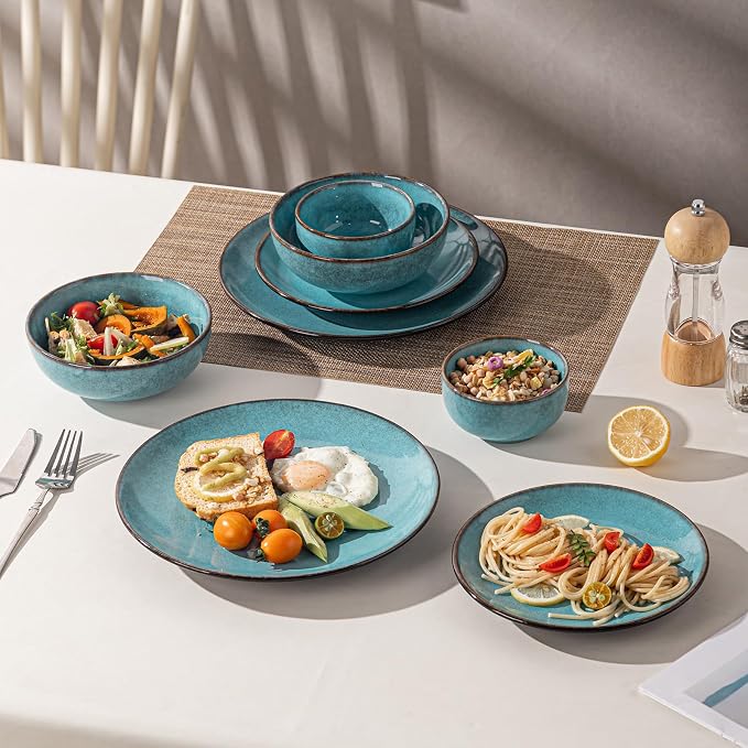 16 Piece Dinnerware Sets for 4， Scratch Resistant,microwave oven and Dishwasher Safe Plates and Bowls Sets Ceramic, Dish Set, Bowl and Plate Set -Kiln turned sea blue