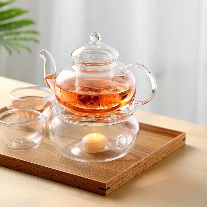 CNGLASS 5.4oz (6-pack) Double Wall Glass Mugs 33.8oz Glass Teapot Stovetop Safe