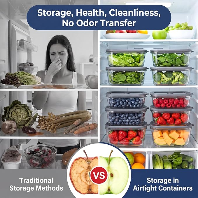 12 Pack Glass Meal Prep Containers with Glass Lids, 21oz*10 + 13oz*2 Glass Food Storage Containers Set with 5 Small Sauce Jars, Leakproof Glass Containers for Lunch, Leftovers & Kitchen