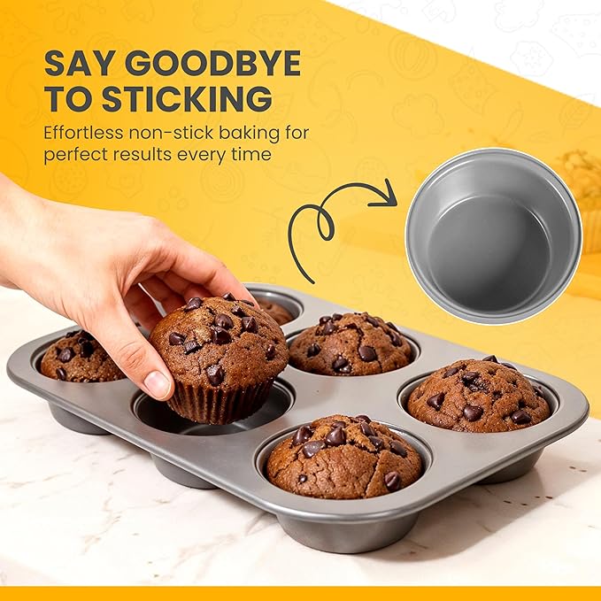 Non-Toxic PFOA-Free Stackable Bakeware Set, Professional Gauge Carbon Steel Space-Saving 11pc Nonstick Baking Pans: 6-Cup Muffin Pan, Cookie Sheet, Cake & Roaster Pans, Mats & Cups