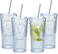 4 Set 20oz Vintage Plastic Tumbler with Lids and Straws Ribbed Floral Drinking Glasses Reusable Iced Coffee Cups for Water Juice Smoothie Cocktail Travel Party Events Gift (Blue)