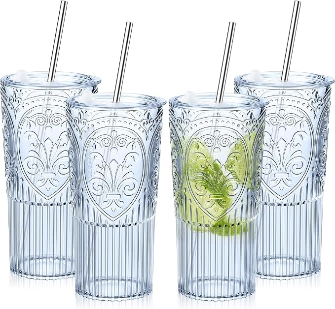 4 Set 20oz Vintage Plastic Tumbler with Lids and Straws Ribbed Floral Drinking Glasses Reusable Iced Coffee Cups for Water Juice Smoothie Cocktail Travel Party Events Gift (Blue)