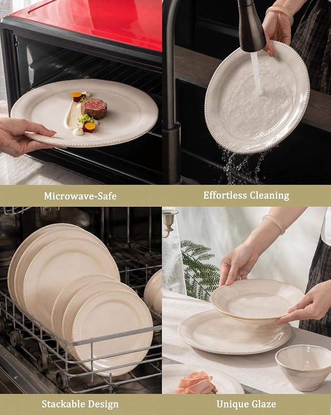 4-piece Ceramic Dinnerware Set with Active Glaze, Modern Shaped Tableware Set Suitable for Kitchen, Microwave, Dishwasher, and Oven, Scratch-resistant, Apricot Color