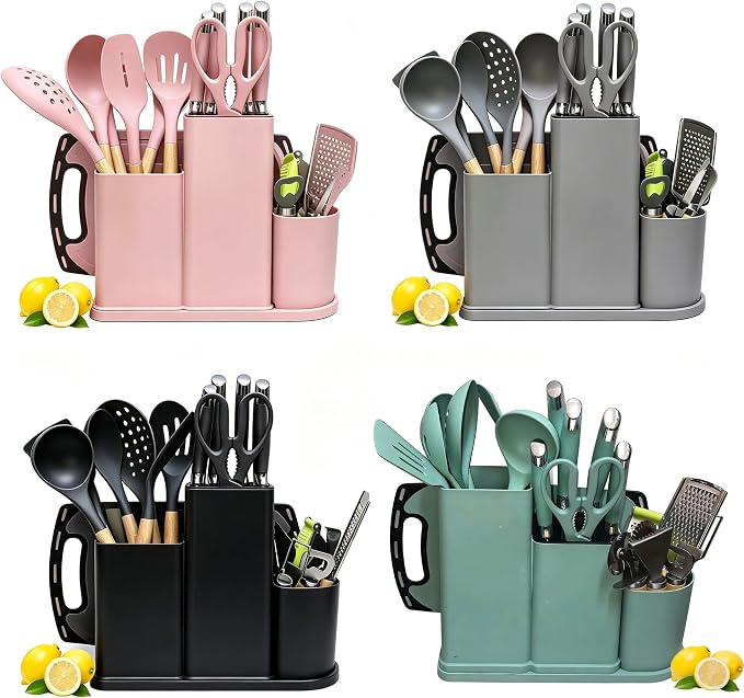 Kitchen Utensils and Knives Set, 20PCS Knife and Cooking Spoon Tools Set with Storage Holder, Sharp Stainless Steel Knife Sets with Bread, Chef Knife (Teal)