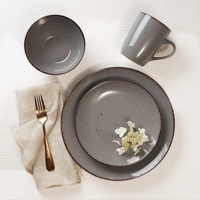 Safdie & Co. Utopia 16 Piece Dinnerware Set, Service for 4, Fiesta Dinnerware, home trends and home food network essentials, Stoneware dinner plates, Grey, 16" L x 12" W x 15" H