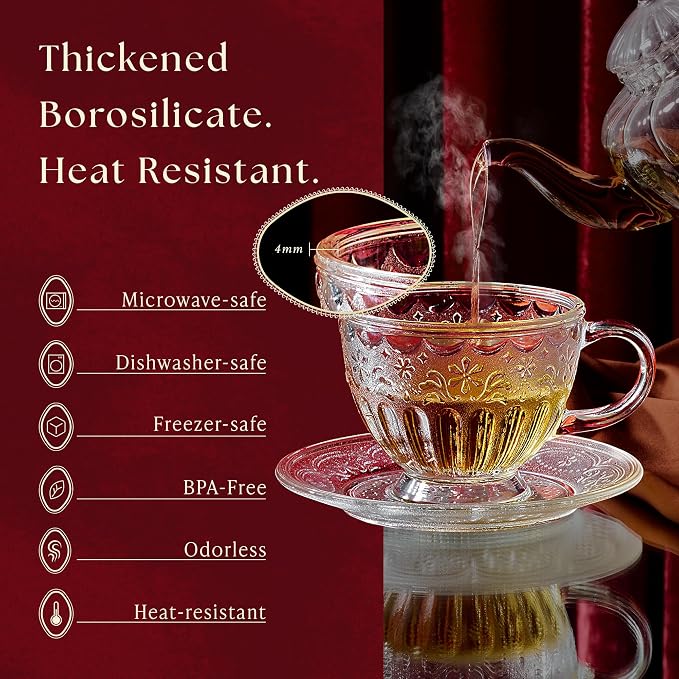 Handcrafted Vintage Glass Coffee Cup and Saucer Set, 12 oz Large Tea Cup with Octagonal Saucer for Coffee, Latte & Tea, Gift for Women, Microwave & Dishwasher Safe, Classic Frosted White