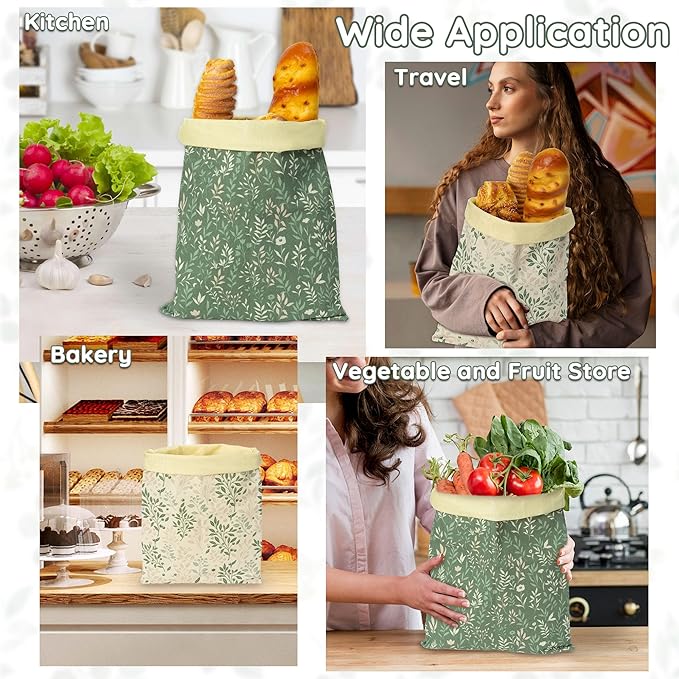 Reusable Beeswax Bread Bags - 2 Pack Bees Wax Food Bag, Homemade Sourdough Bread Storage, 2-in-1 Linen Cotton Large Freezer Container Home Baking Accessories with Lining (Green Leaf)