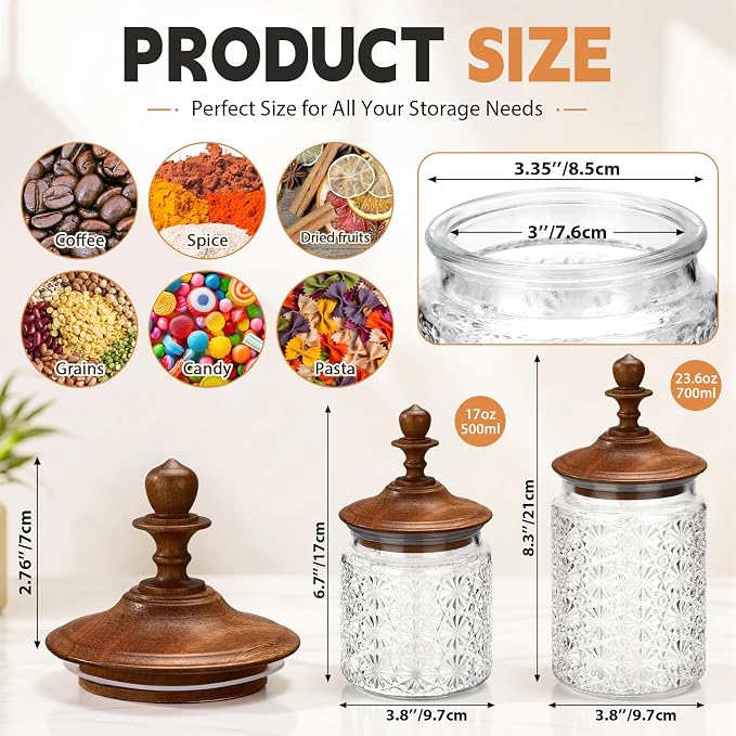 Suclain 6 Pack 17oz Vintage Glass Jars with Wooden Crown Lids, Decorative Jars Star Pattern, Airtight Glass Food Storage Containers for Tea Coffee Spice Pantry Organization
