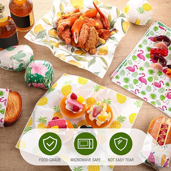 Reallnaive 600 Pcs Wax Paper Sheets 12 x 12 Inch Parchment Deli Tissue Paper Sandwich Wrapping Sheets Food Basket Liners for Kitchen Restaurant Baking Supplies, 6 Styles (Summer Theme)