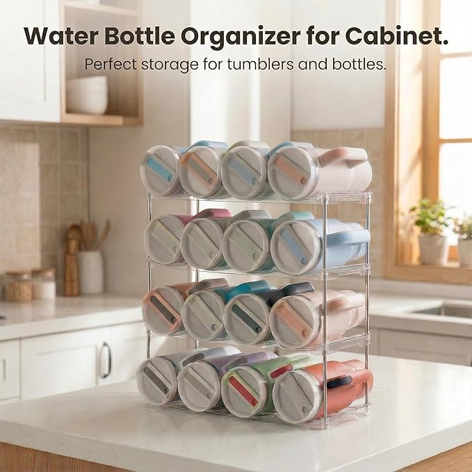 Stackable Water Bottle Organizer for Stanley 40 oz Tumbler, Larger Water Bottle Holder for Kitchen Cabinet, Pantry Organizers and Storage for Stanley Cup and Tumbler Organizer, Hold 16 Bottles