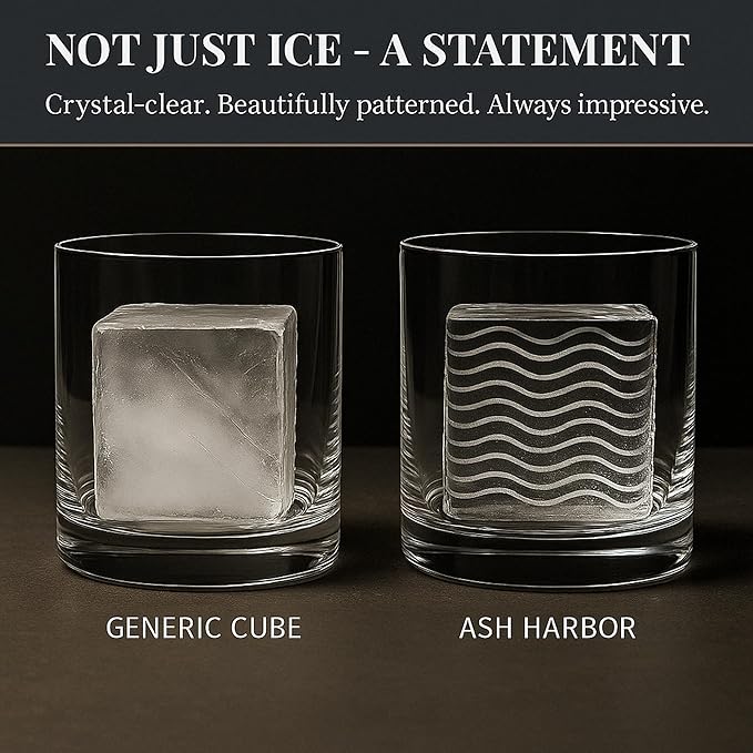 Clear Ice Cube Maker Design Tray - Craft Modern Ice Molds for Bourbon & Cocktails in 5 Seconds - Whiskey Mold Cube Stamp – Bartender Accessories - Copper Ice Press Cocktails by Ash Harbor (Botanicals)
