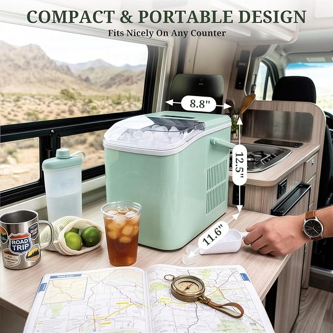 Ice Maker, Portable Ice Makers Countertop with Handle, Basket & Scoop, 26Lbs/24Hrs, 9 Bullet Ice Cubes in 6 Mins, 2 Ice Sizes, Self-Cleaning, Quiet Compact Ice Machine for Home Kitchen Party, Green