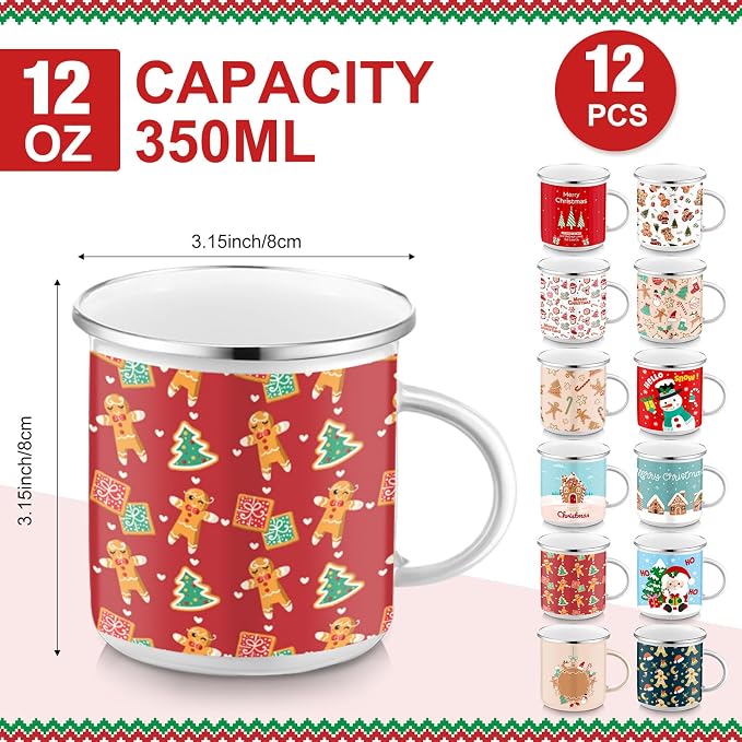 Sliner 12 Pcs Christmas Enamel Mugs, 12 oz Coffee Mugs Bulk Hot Chocolate Mug Set Cute Enamel Tea Cups Winter Holiday Christmas Employee Gift for Family Coworkers (Gingerbread Carnival)