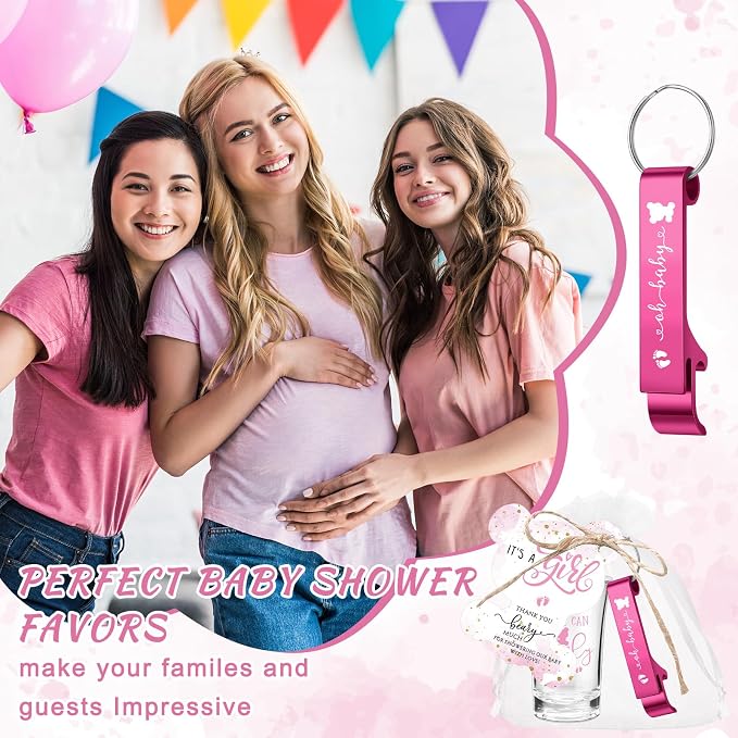 50 Sets Baby Shower Favor for Guests Acrylic Shot Glasses with Bottle Opener Keychains Thank You Tags and Bags Gender Reveal Party Favors for Guest Baby Shower Return Gift(Bear Girl)
