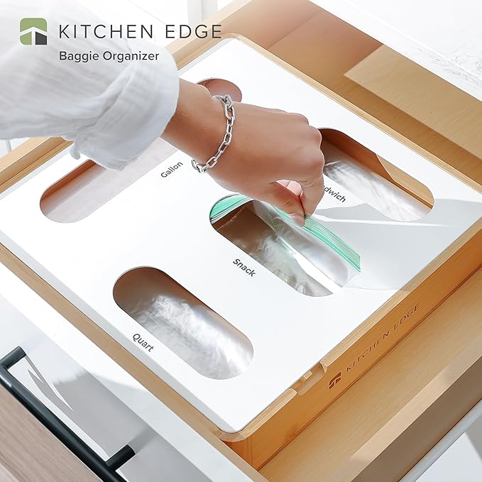 Premium Ziplock Bag Organizer – Kitchen Edge 4-Slot Bamboo Organizer with White Metal, Fits Gallon, Quart, Sandwich & Snack Bags, Magnetic Top, Non-Slip Base, Wall Mountable, 13in x 13in x 2.5in