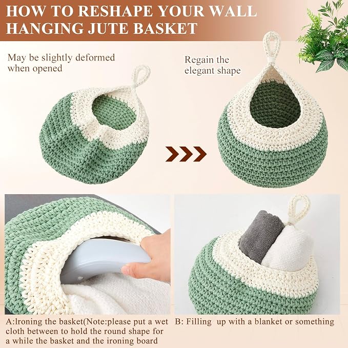 Honeydak Boho Decor Hanging Wall Baskets for Kitchen 3 Pack Teardrop Baskets with Hooks Storage Fruit Onion Vegetable Potato for Home 3 Sizes(White with Sage Green,Teardrop,Cotton Rope)
