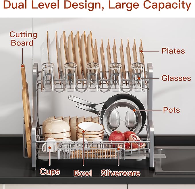 2 Tier Dish Drainer Drying Rack for Kitchen Counter, Large Stainless Steel Dishes Dryer with Drainboard, Space Saving, Big Rustproof Metal Modern Countertop Plates Strainer with Utensil Holder, Sliver