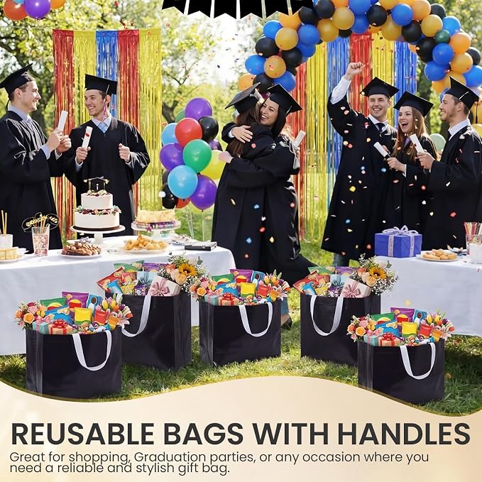 Eccliy Reusable Gift Bags Set Glossy Grocery Gift Tote Bag with Handle for Wedding, Bridal Shower, 4th of July, Summer Event(12 x 11 x 4.7 I Inch,Black,80 Pcs)