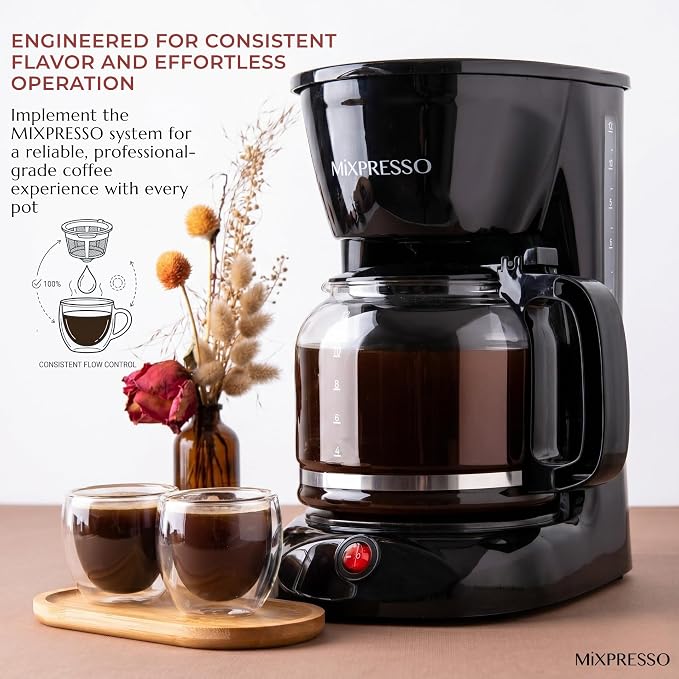 Mixpresso 12 Cup Coffee Pot, Auto-Off & Reusable Filter, Large Drip Coffee Maker, Borosilicate Glass Carafe, Anti-Drip, Water Window, Easy On/Off Switch, Black Coffee Machine