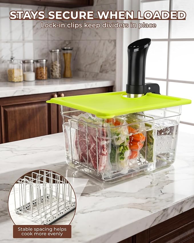 EVERIE 12Qt Sous Vide Container Set w/Collapsible Lid + Lock-In Divider Rack (RACK04) – Keeps Bags Separated & Submerged, Fits Most Clamp-Style Circulators