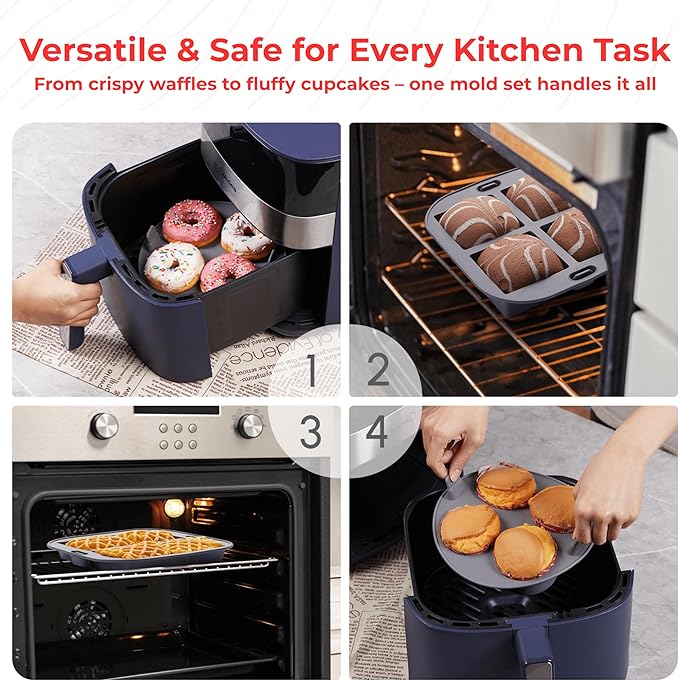 EM 4-pc Silicone Air Fryer Liners Baking Set for Cake, Donut, Waffle, and Brownie - Reusable Silicone Baking Molds for 3-5 Qt Airfryers - Easy to Clean Air Fryer Baking Accessories for Home Bakers