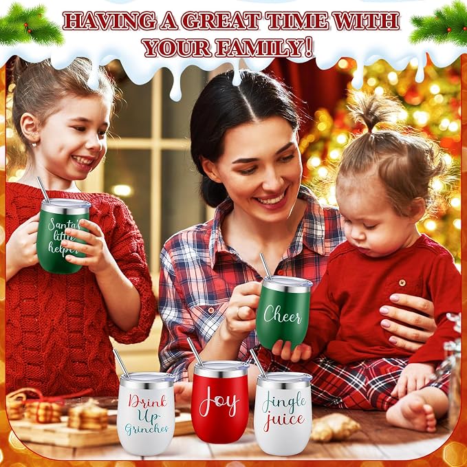 Ziliny 12 Pcs Christmas Wine Tumbler Set, 12 Oz Stainless Steel Double Wall Vacuum Insulated Coffee Mug Stemless Xmas Wine Glasses With Lid Straw Brushes for Women Friends Men Travel Gifts (Texts)