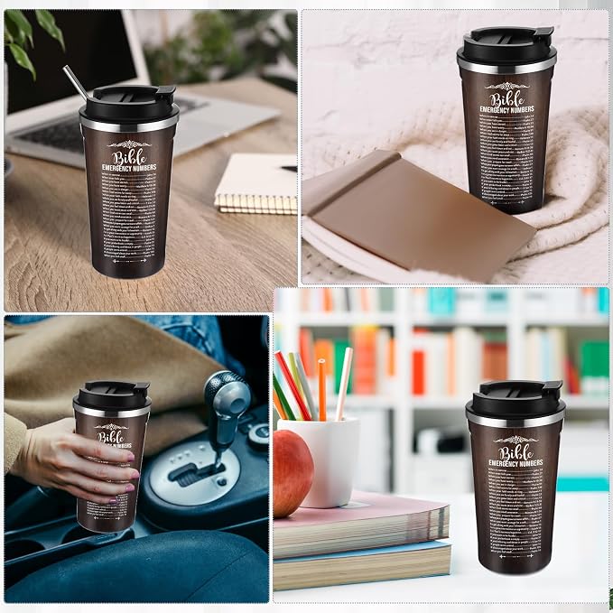 Meanplan 10 Set Father's Day Christian Bible Verse Tumbler Bulk 17oz Coffee Cup Religious Jesus Tumbler Inspirational Mug for Pastor Appreciation Gifts(Brown, Emergency Number Style)