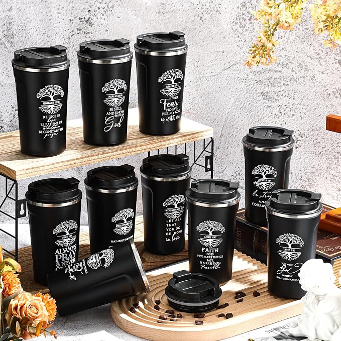 Meanplan 10 Set Father's Day Christian Bible Verse Tumbler Bulk 17oz Coffee Cup Religious Jesus Christian Tumbler Inspirational Mug Graduation Gift for Men Dad Church Pastor (Black, Tree of Life)