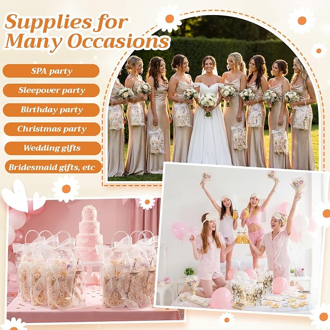 Vesici 73 Pcs Spa Sleepover Party Supplies Bulk Women 8 Sets Slumber Birthday Bridesmaid Gift Crochet Flower Glass Cup Eye Mask Hair Ties Gift Bag Bracelets Scrunchies Headband(Daisies,Beige)