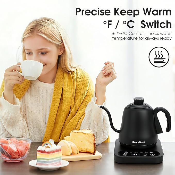 Gooseneck Electric Kettle Temperature Control: 316L Stainless Steel Inner | ±1℉ Precision, Pour Over Kettle for Coffee & Tea, 1000W Quick Heating, Auto Shut-Off & Boil-Dry Protection, 0.8L/27oz