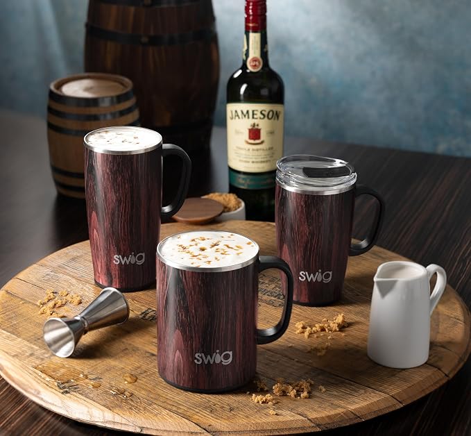 Swig Life 22oz Travel Mug, Insulated Tumbler with Handle and Lid, Cup Holder Friendly, Dishwasher Safe, Stainless Steel, Travel Coffee Cup, Insulated Mug with Lid (Bourbon Barrel)