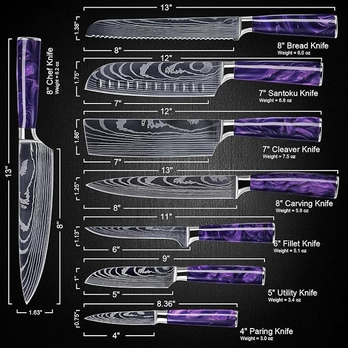 SENKEN 8-Piece Japanese Knife Set with Purple Resin Handle and Laser Damascus Pattern - Amethyst Collection - Chef's Knife, Cleaver, Santoku, Paring Knife, & More (Amethyst Purple)