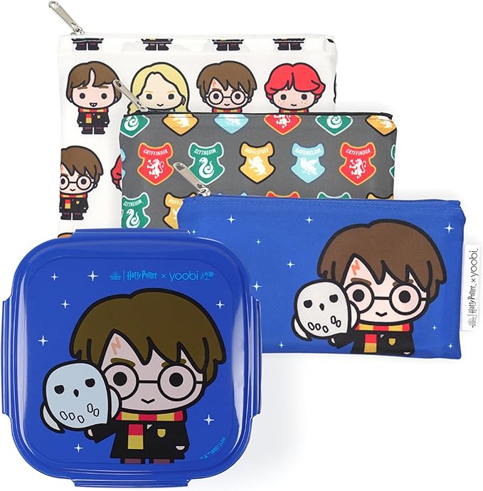Yoobi Harry Potter X Mealtime Bundle – 3-Compartment Bento Box with Ice Pack & 3 Reusable, Food-Safe Snack Bags for Kids & Adults – Great for On-the-Go Snacks & Lunches