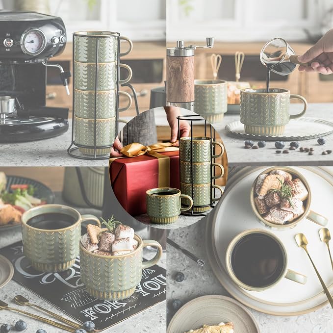 Miamolo Stackable Coffee Mugs Set of 4 with Spoons & Rack, Space-saving | 13oz, Ceramic, Dishwasher Safe, for Espresso Drinks Latte Cappuccino Tea, Turkish Coffee Cup, Housewarming Wedding Gift
