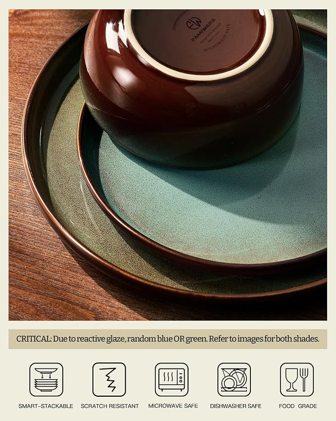 Famiware Milkyway Stoneware Dinnerware Set, 12-Piece, Double Reactive Glaze, Plates and Bowls, Service for 4, Microwave and Dishwasher Safe, Scratch-Resistant, Moss Green & Cocoa