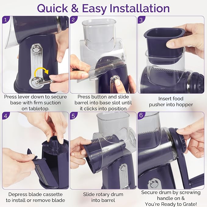 Cheese Grater with Handle, 5 in 1 Rotary Vegetable Shredder with 5 Replaceable Blades & Strong Suction Base, Rotary Grater for Cheese, Veggies & Nuts, Includes Storage Box