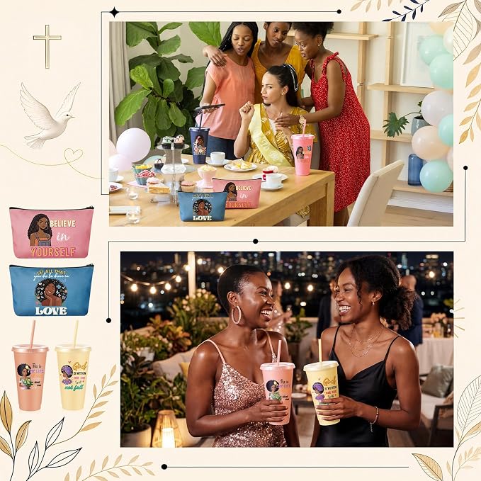 Hollowfly 12Set/48Pcs African Americans Black Women Christian Gifts Set Include 24oz Coffee Cup with Lid and Straw, Makeup Bags, Mirrors, Notepad, Black Owned Inspirational Gift for Women(Morandi)