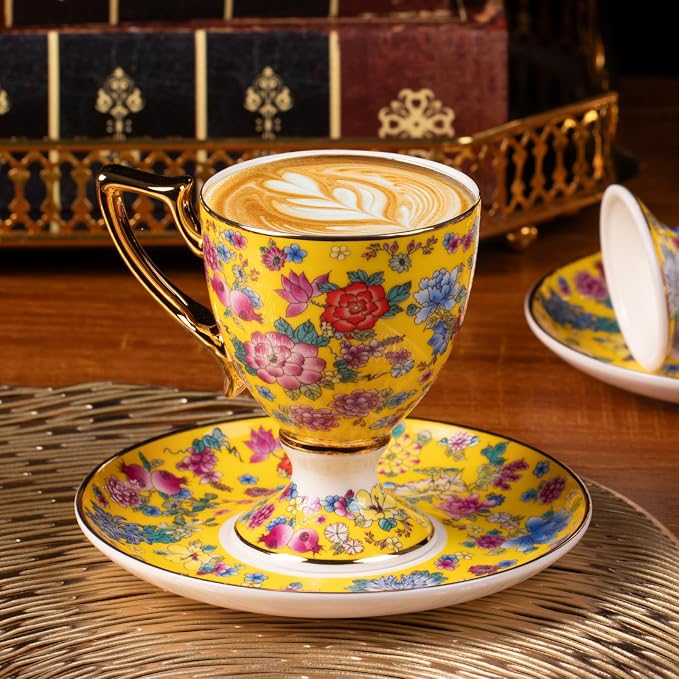 KAMMAK Tea Cups and Saucers Set of 2, Porcelain Coffee Cups, 7oz Stackable Espresso Mugs, Ceramic Demitasse for Coffee, Latte, Americano, Tea (622N)
