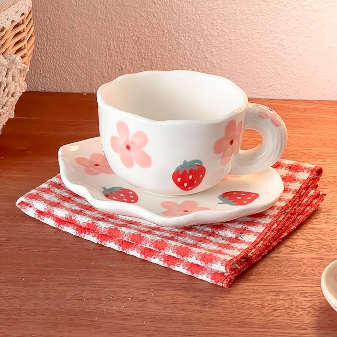 Noviko Coffee Mug with Saucer Ceramic TeaCup Unique Coffee Mugs for Women (Strawberry S)