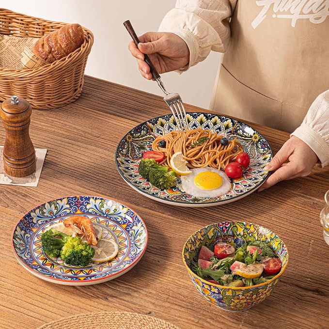 12-Piece Bohemian Floral Ceramic Dinnerware Set, Vibrant Mandala Floral Plates Bowls, Decorative Plates & Bowls, Microwave & Dishwasher Safe for Kitchen