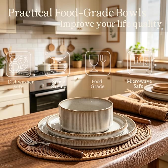 Dinnerware Sets, Plates and Bowls Set for 4, 12 Pieces Ribbed Dishes,Stoneware plates,Plates and Bowls Set for 4, Microwave and Dishwasher Safe Tableware