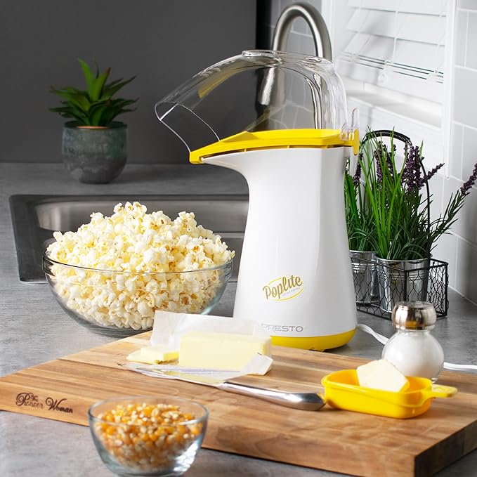 Presto 04820 Poplite Hot Air Popcorn Popper - Built-In Measuring Cup + Melts Butter, Easy to Clean, Built-In Cord Wrap, 18 Cups, Yellow