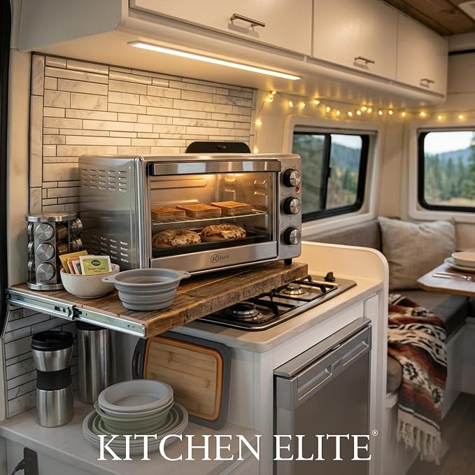 Kitchen Elite Toaster Oven, Compact Countertop Appliance with Bake Tray, Wire Rack, Adjustable Timer, and Temperature Control, Stainless Steel